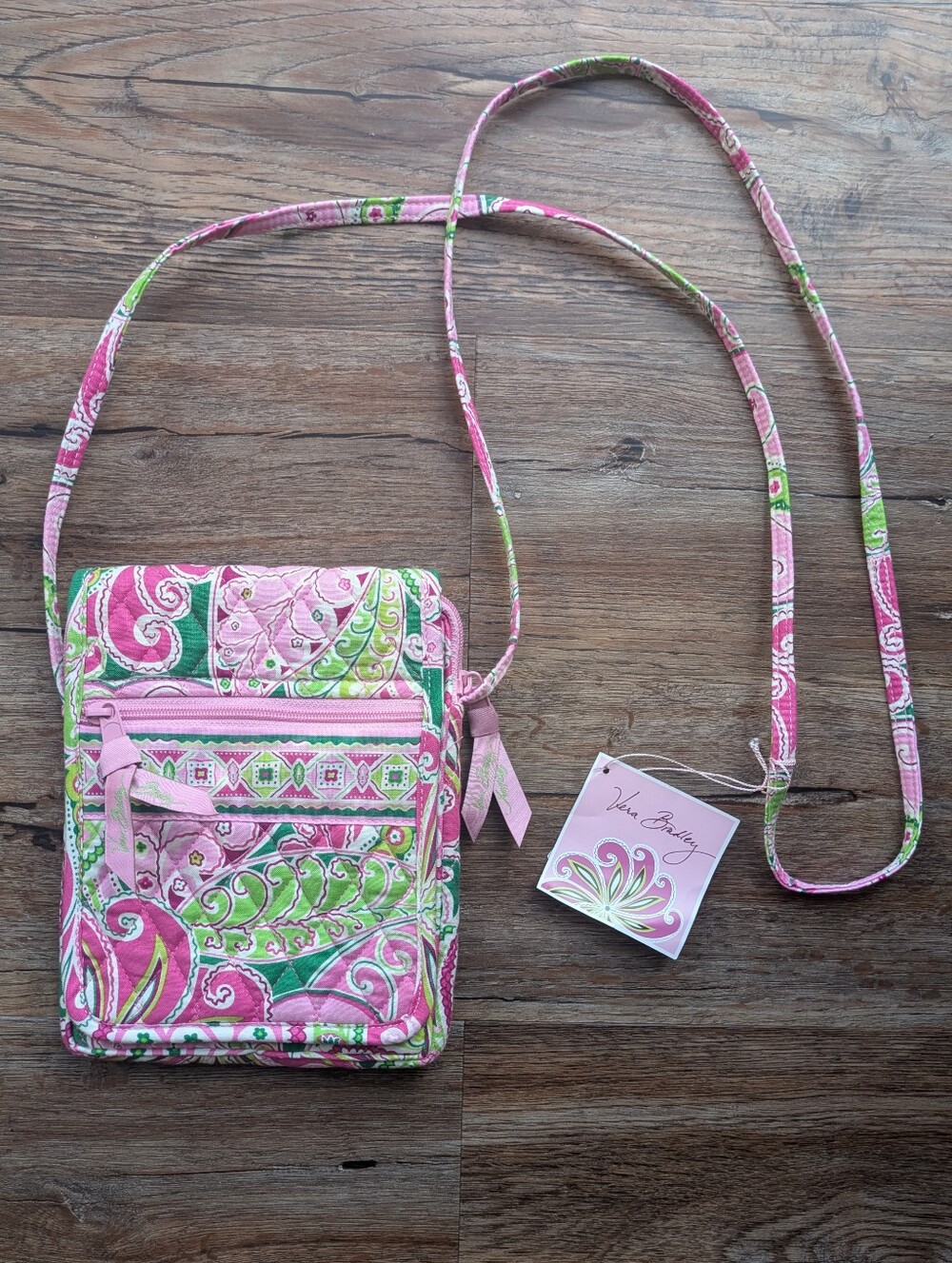 NWT Vera Bradley Pink and Green Quilted Paisley Crossbody Bag